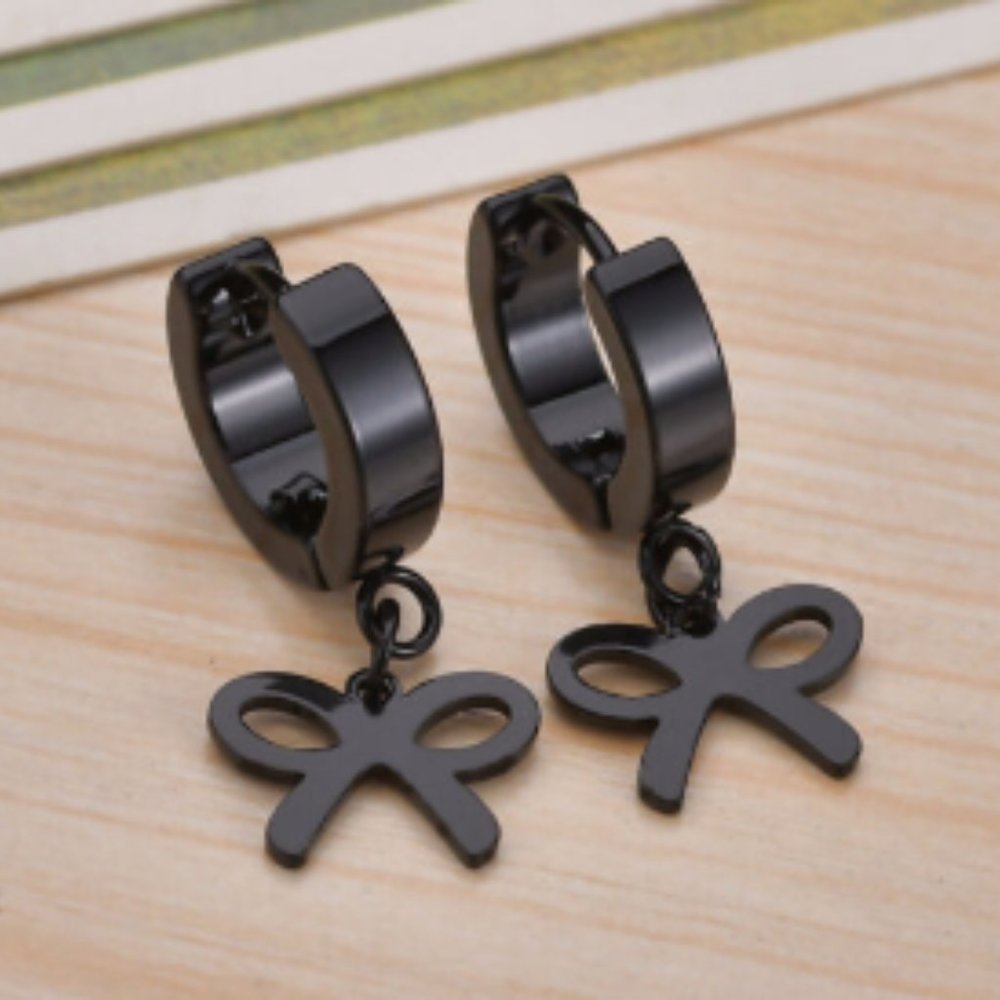 Unisex Black Stainless Steel Bow Ear Buckle Earrings